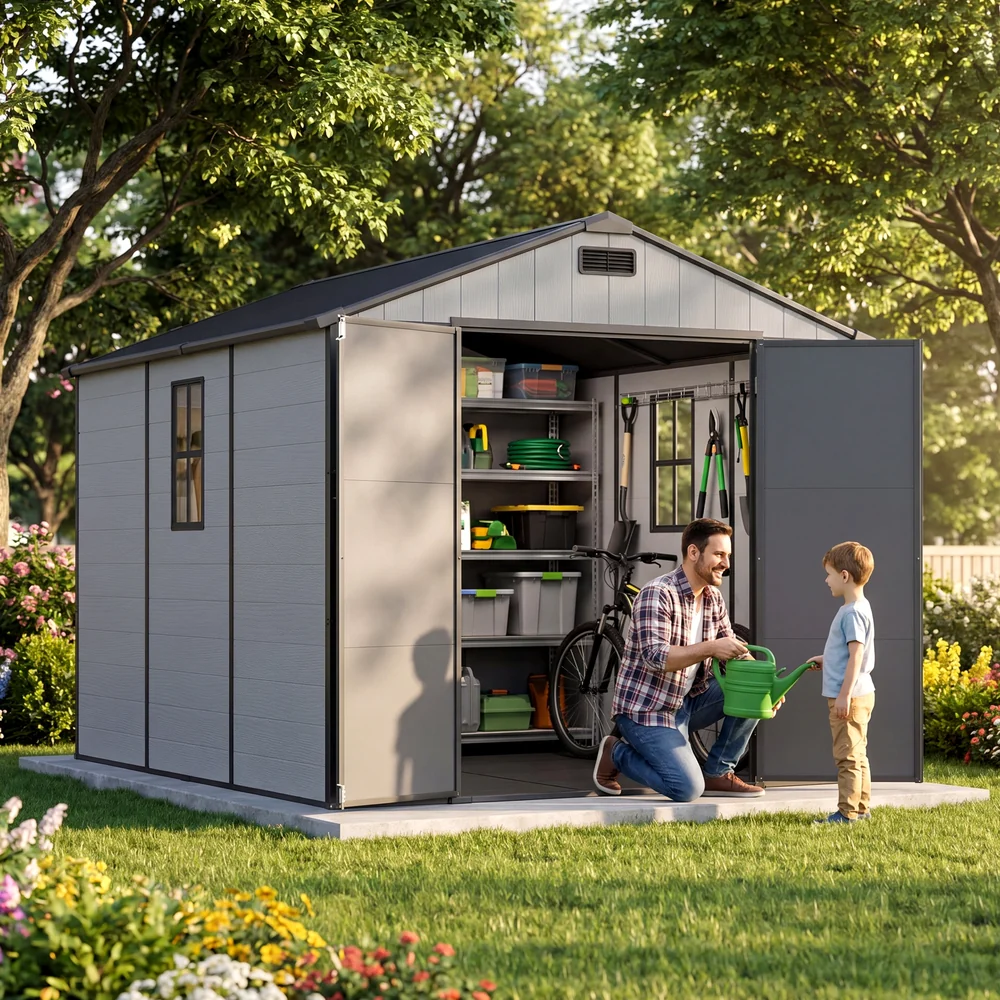 Patiowell 8x10 Plastic Storage Shed with Window and Lockable Door, Gray - Image 2