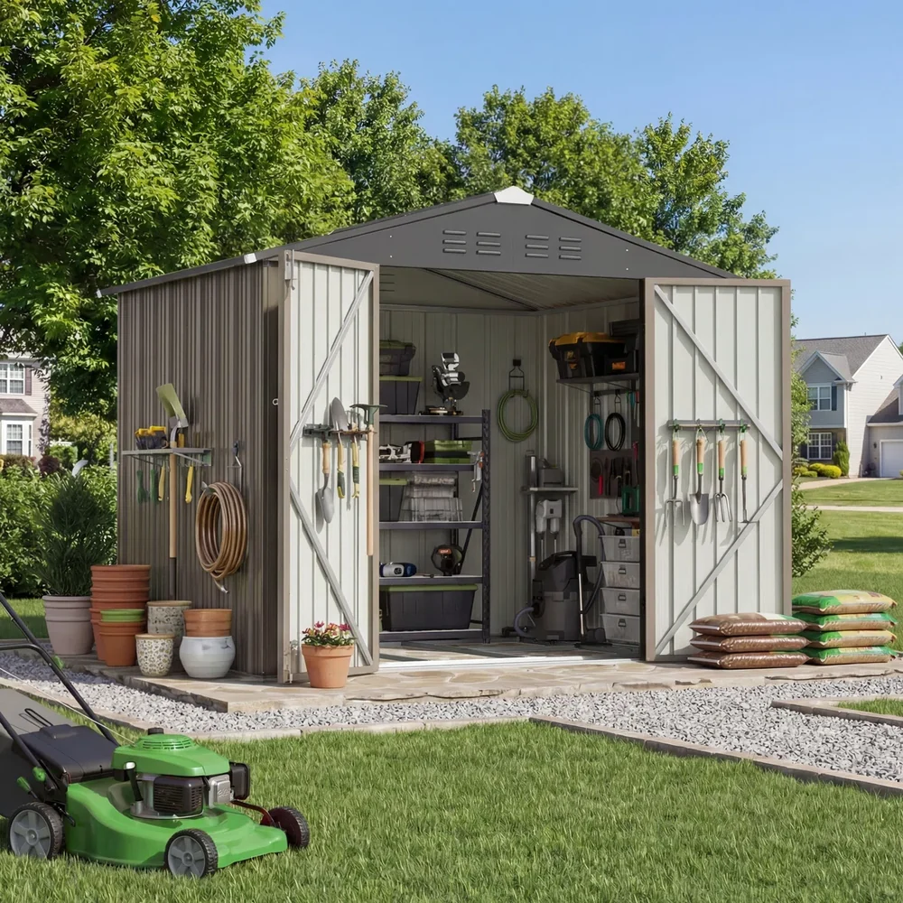 Patiowell 8x6 Metal Shed with Floor Frame, Brown - Image 2
