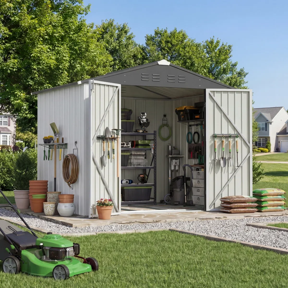 Patiowell 8x6 Metal Shed with Floor Frame, White - Image 2