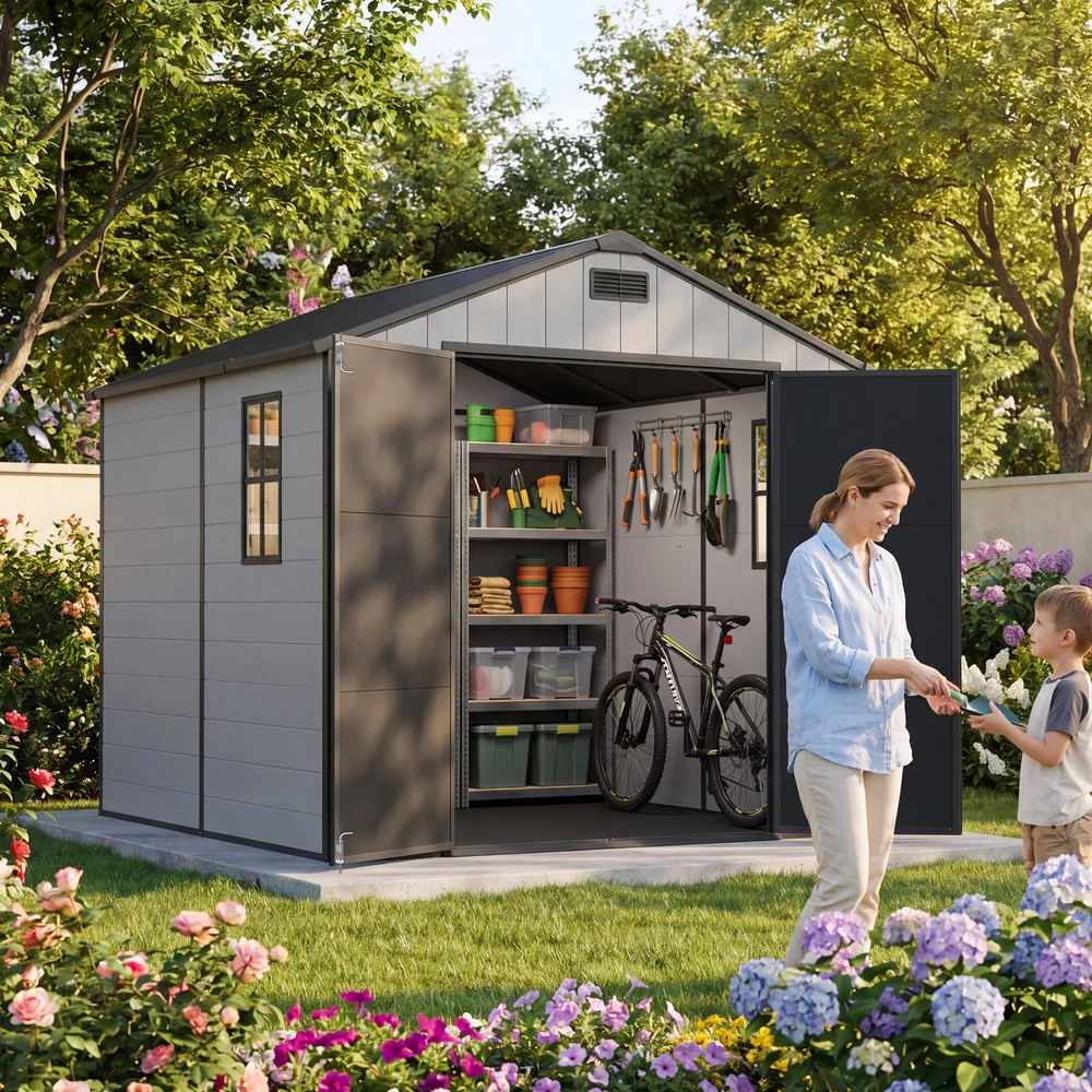 Patiowell 8x8 Plastic Storage Shed with Window and Lockable Door, Gray - Image 2