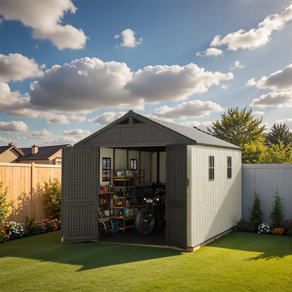 Kick-it 8x12 Plastic Storage Shed with Floor, Gray & Beige - Image 2