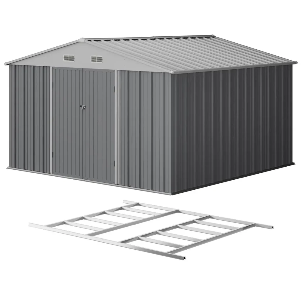 Patiowell 10x10 Metal Storage Shed with Floor Frame, Gray