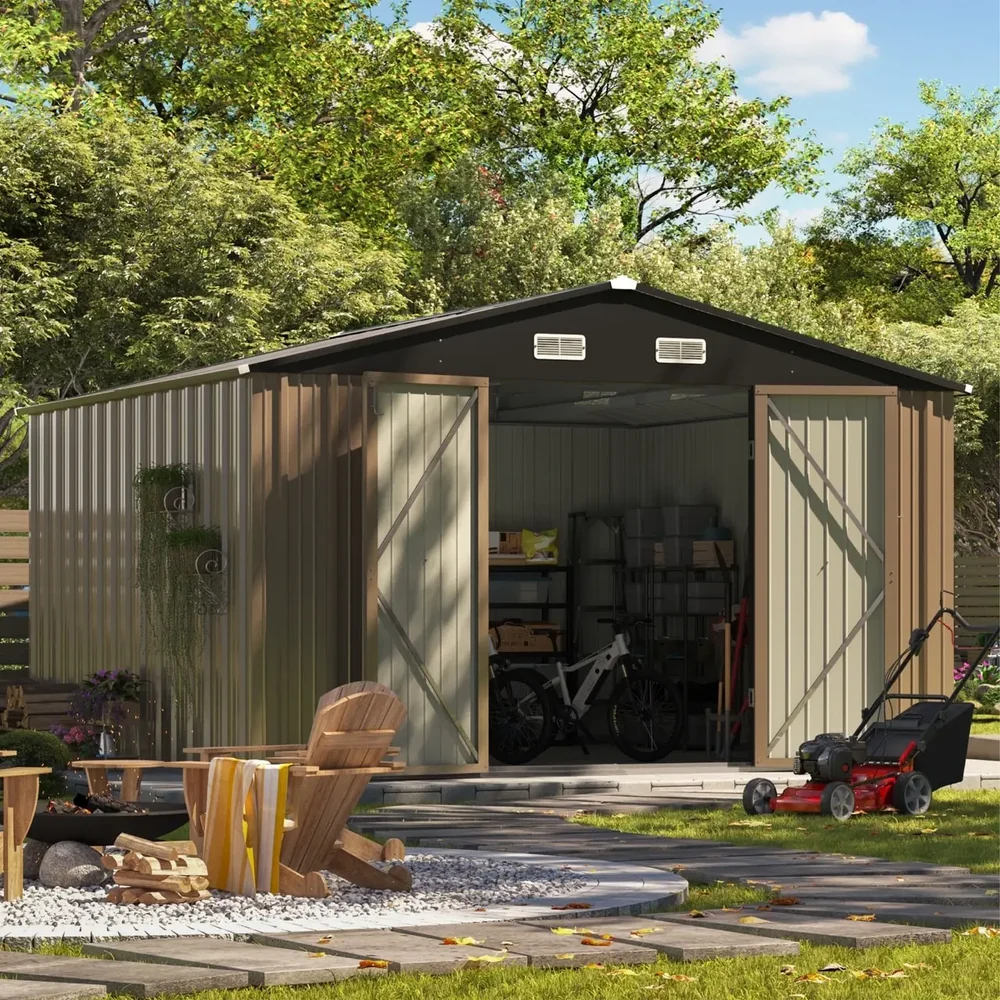 Patiowell 10x10 Metal Storage Shed with Weather-Resistance, Brown - Image 2