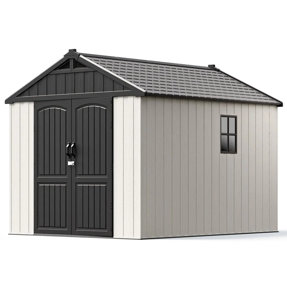 Kick-it 8x10 Plastic Storage Shed with Floor and Windows, Gray & Beige