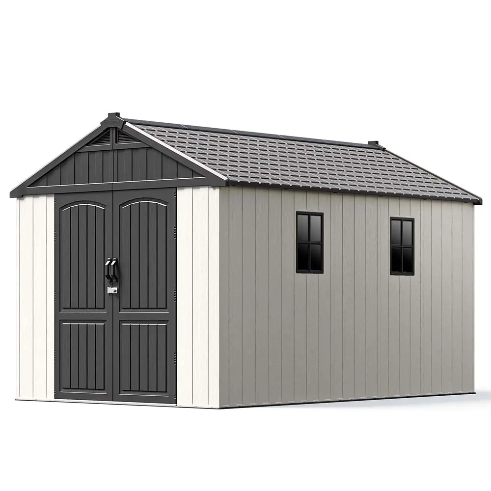 Kick-it 8x12 Plastic Storage Shed with Floor, Gray & Beige