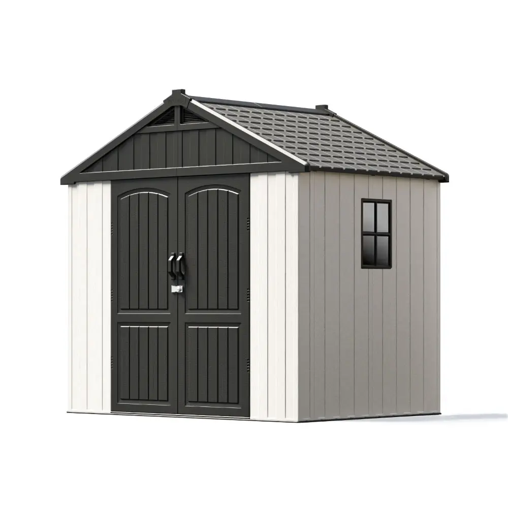 Kick-it 8x6 Plastic Storage Shed with Floor, Gray & Beige