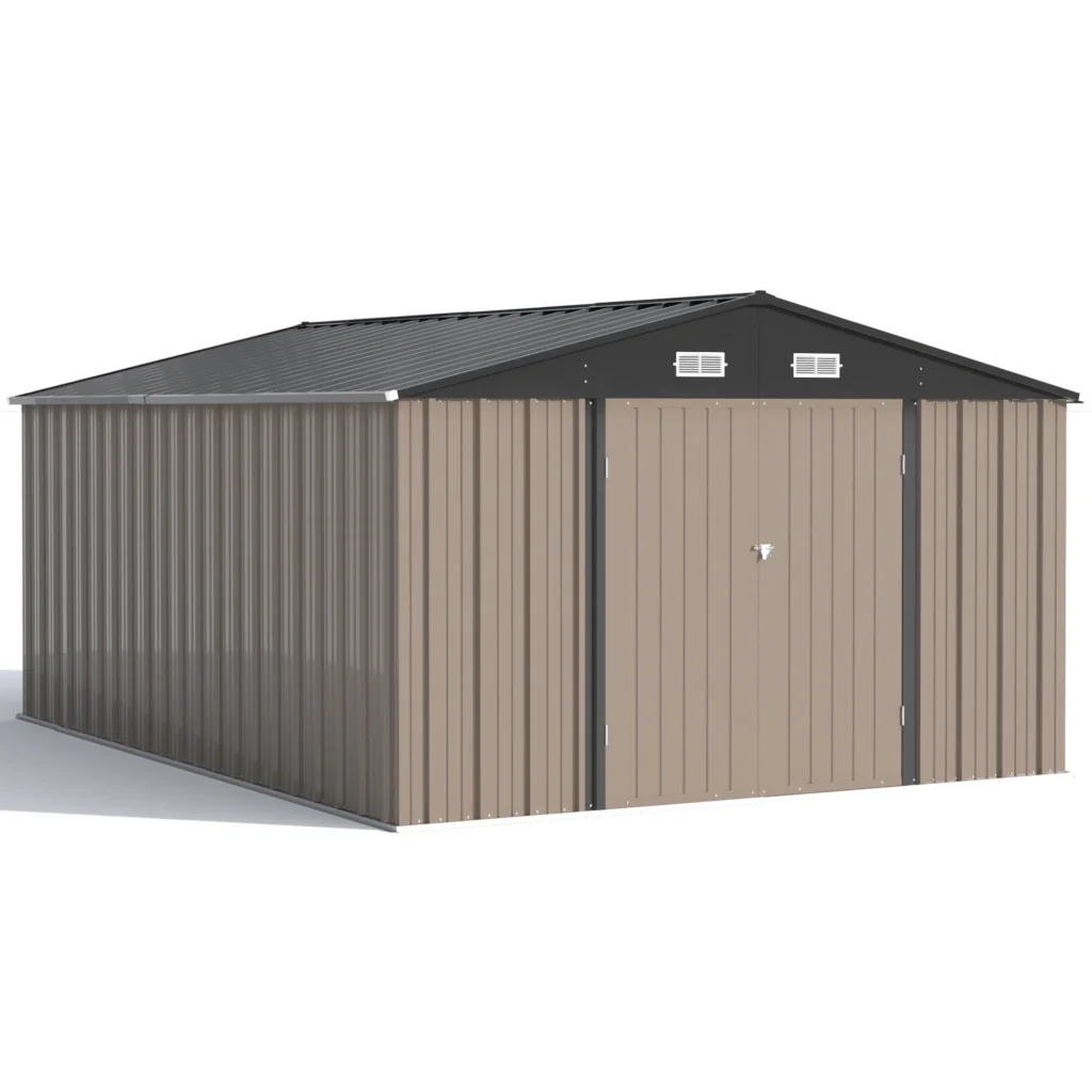 Patiowell 10x14 FT Large Metal Garden Shed (Brown) with Lockable Door and Sloping Roof