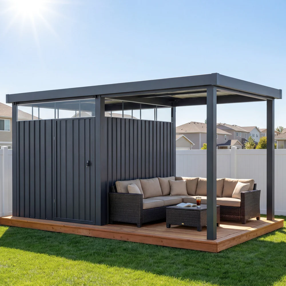 6x8 Metal Storage Shed with 7x8 Pergola Covered Porch - Image 2