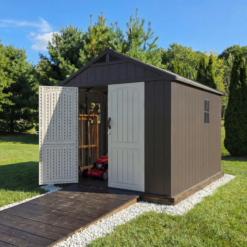 Kick-it 8x10 Plastic Storage Shed with Floor, Brown - Image 2